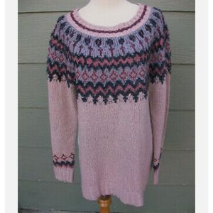 Maurices Sweater Knit Metallic Pink Raglan Fair Isle Nordic Pullover